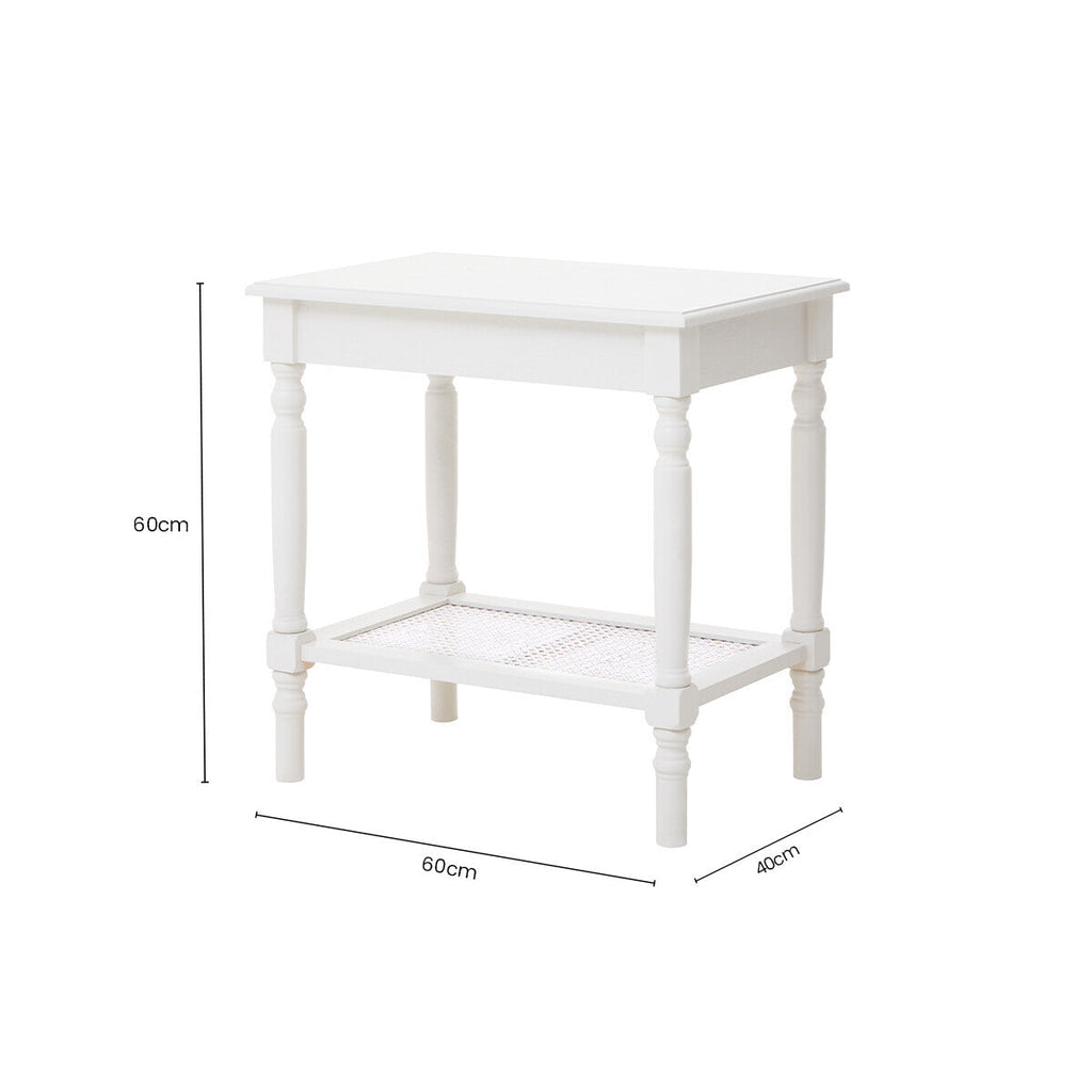 Heritage White Wooden Side Table with Rattan Shelf