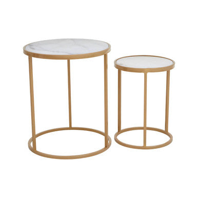 Colva White Marble Set of 2 Nesting Tables with Gold Finish Base