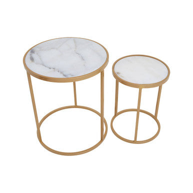 Colva White Marble Set of 2 Nesting Tables with Gold Finish Base