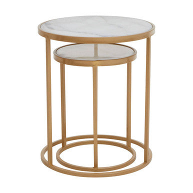 Colva White Marble Set of 2 Nesting Tables with Gold Finish Base