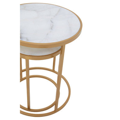 Colva White Marble Set of 2 Nesting Tables with Gold Finish Base
