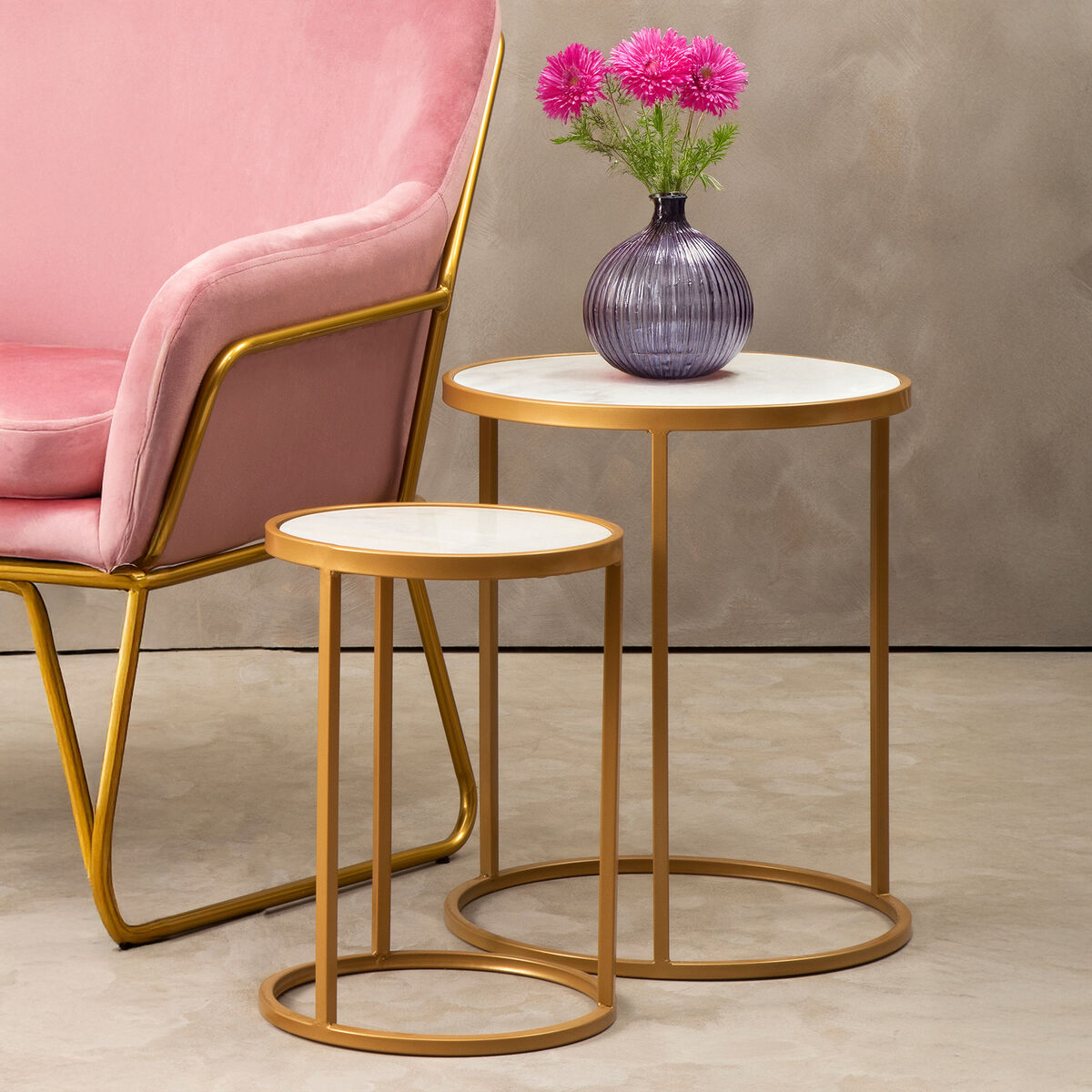 Colva White Marble Set of 2 Nesting Tables with Gold Finish Base