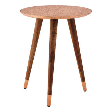 Boho Acacia Wood Side Table with Copper Finish Carved Top