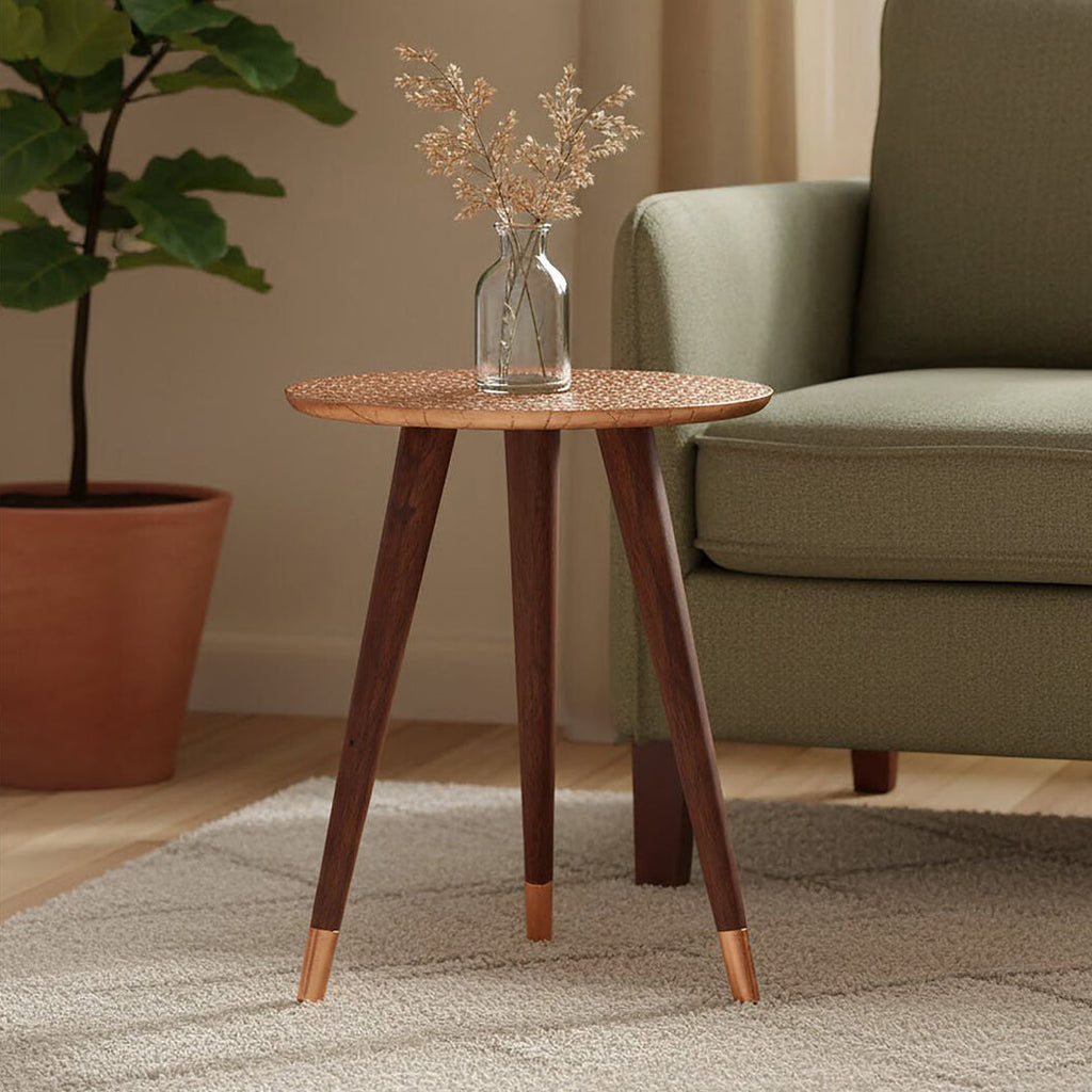 Boho Acacia Wood Side Table with Copper Finish Carved Top