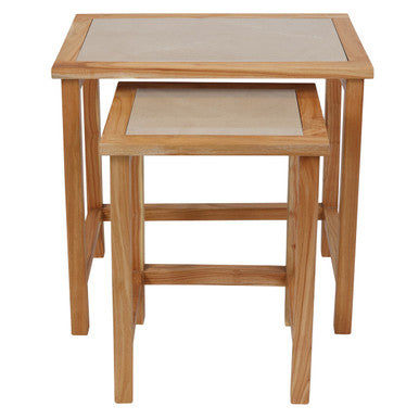 Womad Cream Marble and Wooden Large Set of 2 Side Tables