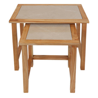 Womad Cream Marble and Wooden Large Set of 2 Side Tables