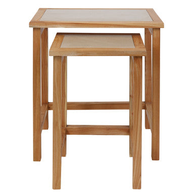 Womad Cream Marble and Wooden Large Set of 2 Side Tables