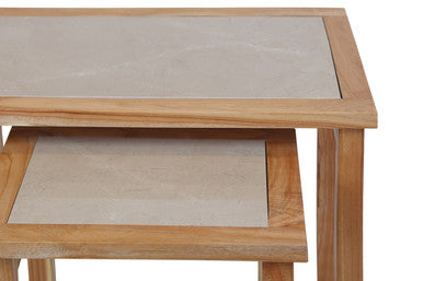 Womad Cream Marble and Wooden Large Set of 2 Side Tables
