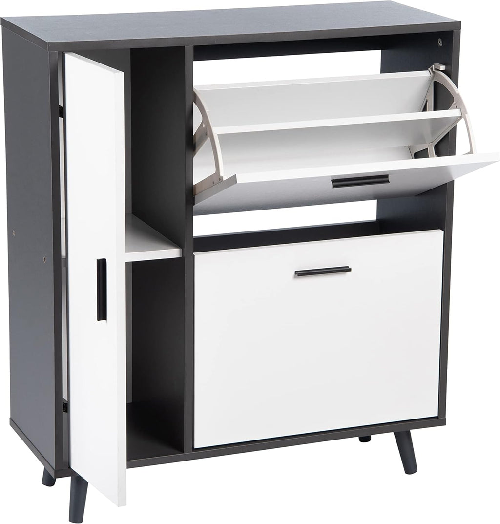 Greenhurst Shoe Storage Cabinet with Side Cupboard – Grey & White