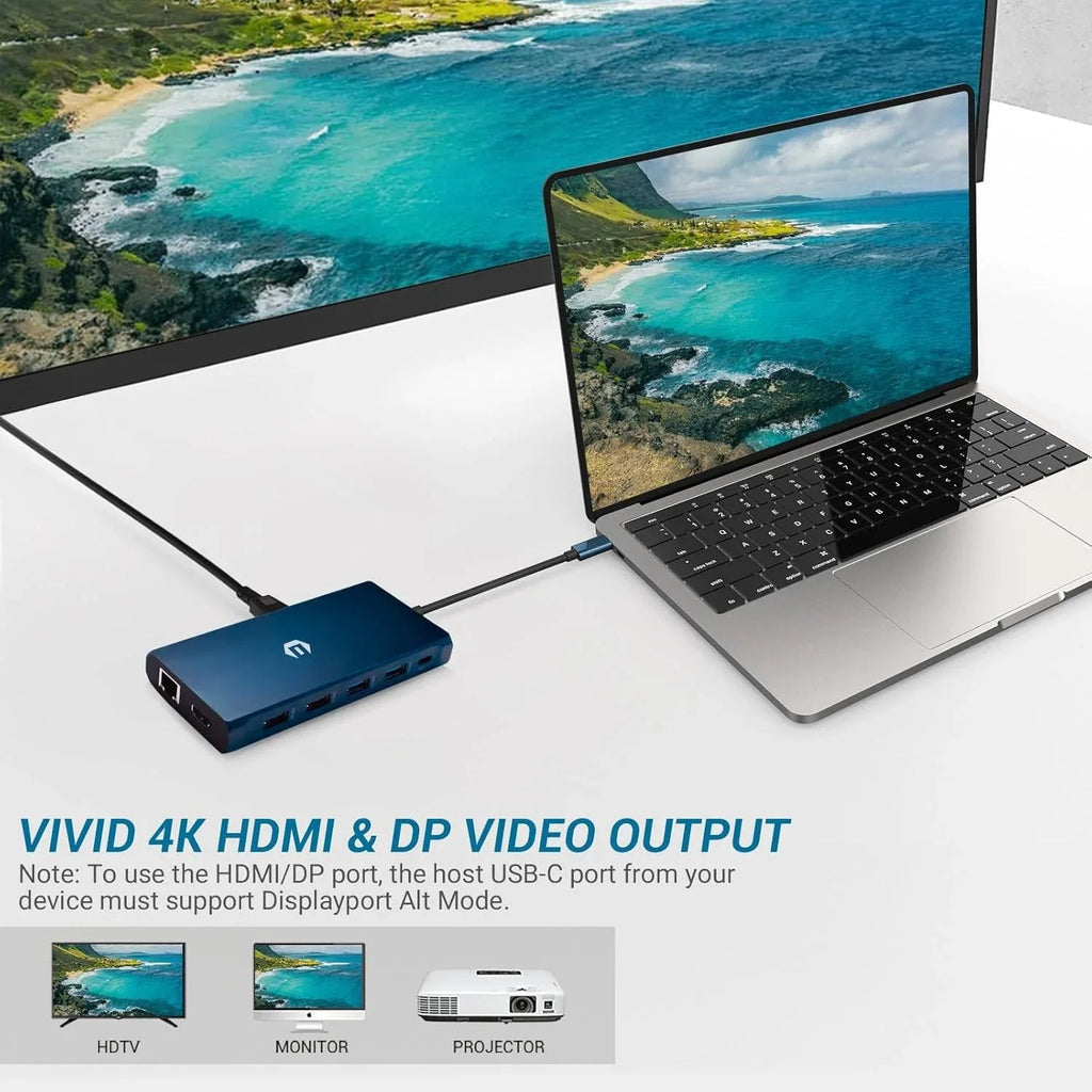 12-in-1 USB-C Docking Station Triple Display HDMI DP VGA GB Ethernet PD Hub Blue