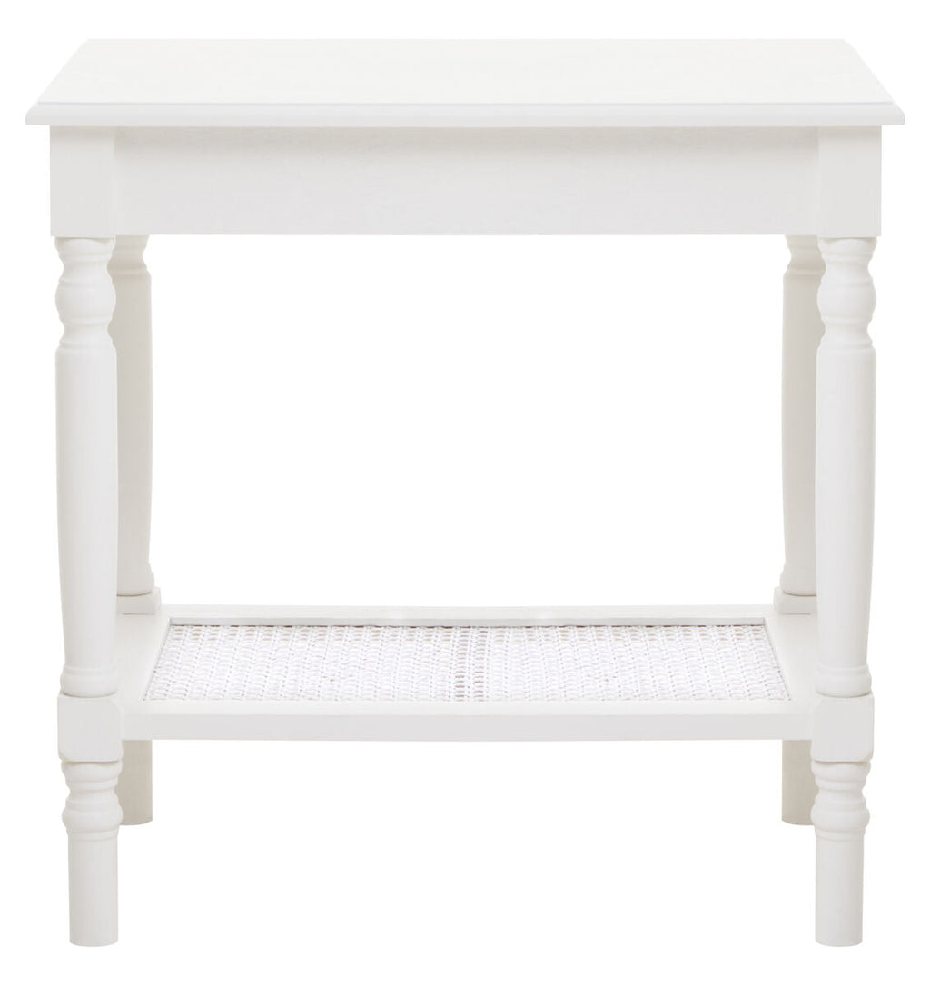 Heritage White Wooden Side Table with Rattan Shelf
