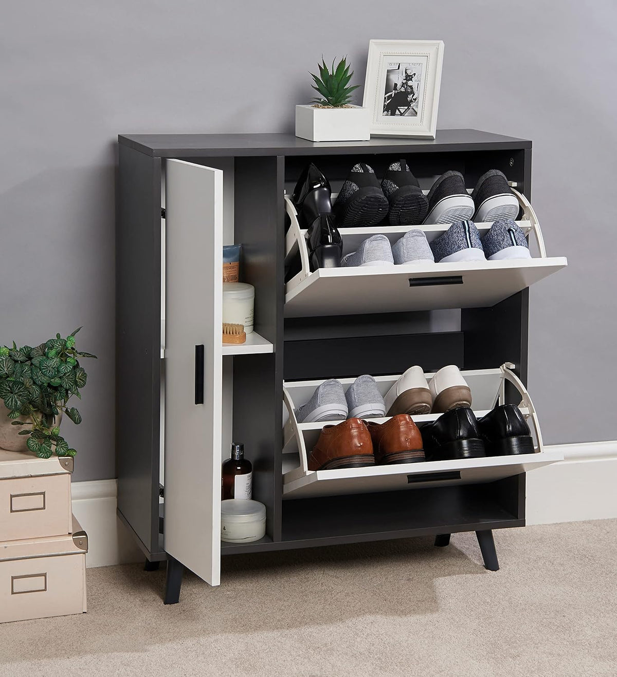 Greenhurst Shoe Storage Cabinet with Side Cupboard – Grey & White