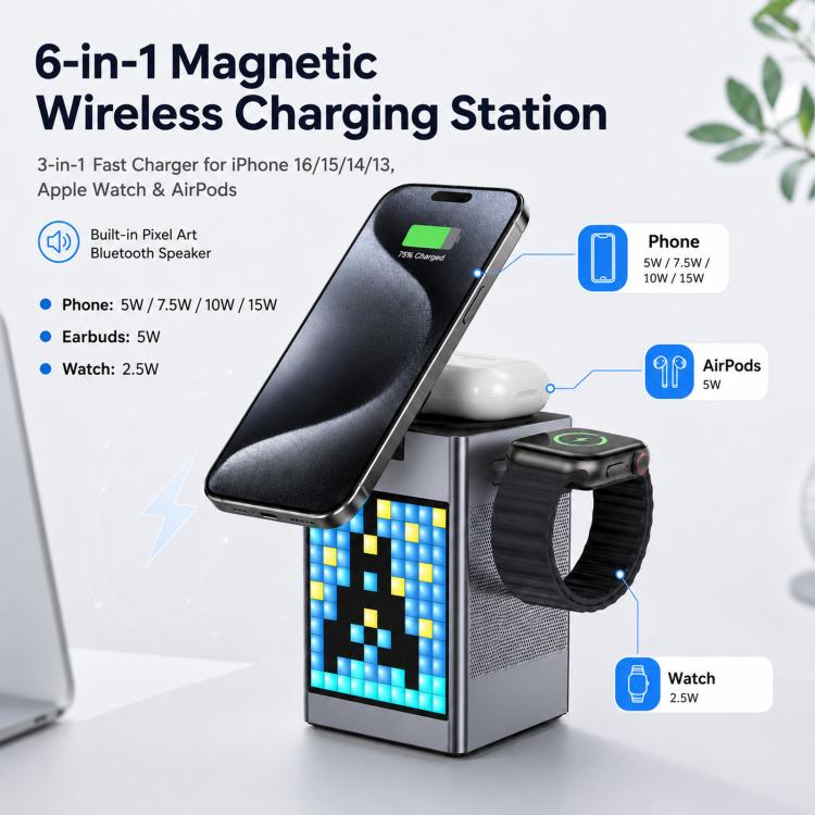 6-in-1 Pixel Art Wireless Charging Station & Bluetooth Speaker