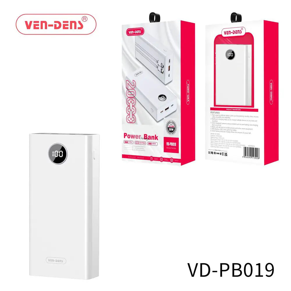 20000mAh Power Bank with Dual Built-in Cables