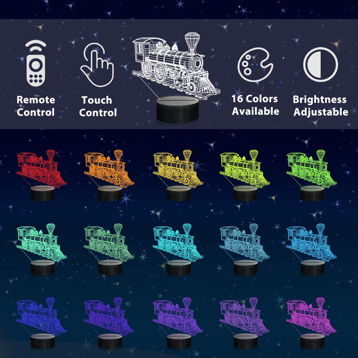 Ammonite Train Night Light – 3D Train Illusion Lamp for Kids’ Bedroom, 16 Colors, Remote & Timer