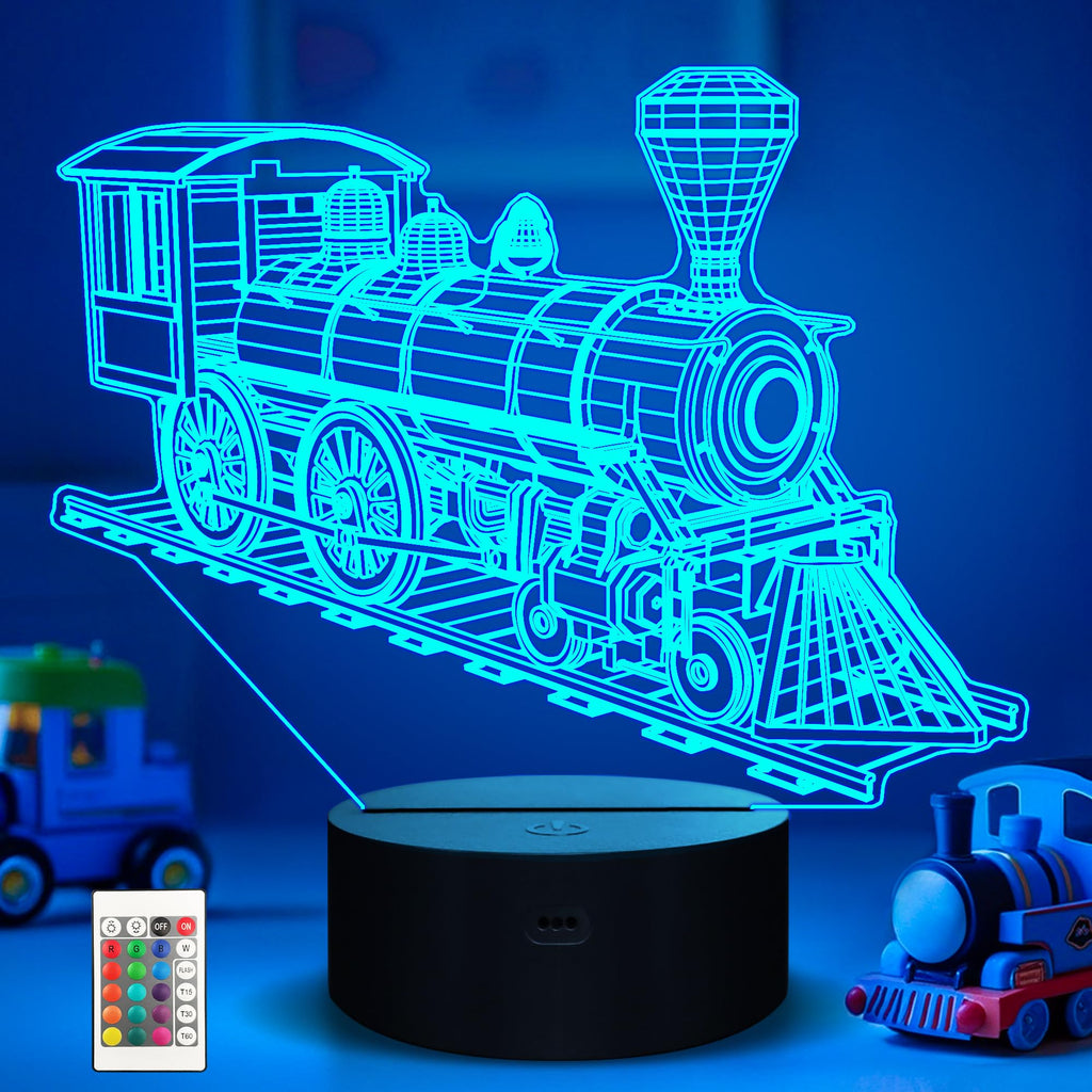 Ammonite Train Night Light – 3D Train Illusion Lamp for Kids’ Bedroom, 16 Colors, Remote & Timer