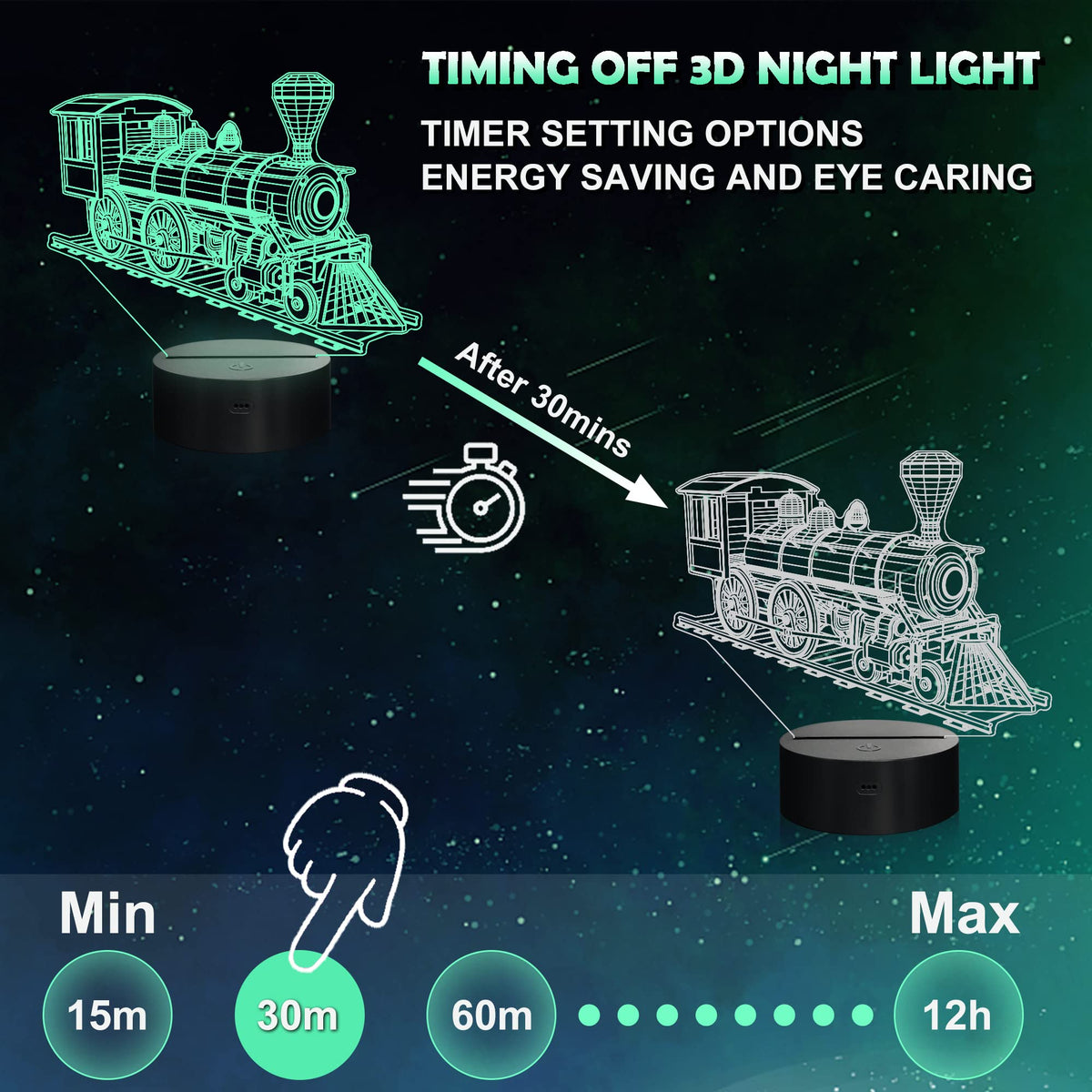 Ammonite Train Night Light – 3D Train Illusion Lamp for Kids’ Bedroom, 16 Colors, Remote & Timer