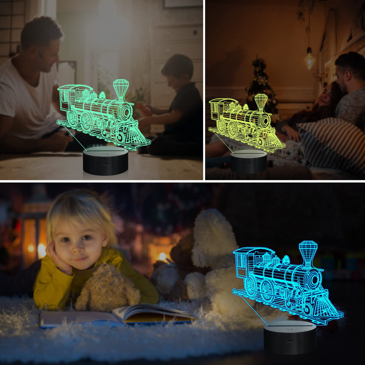 Ammonite Train Night Light – 3D Train Illusion Lamp for Kids’ Bedroom, 16 Colors, Remote & Timer
