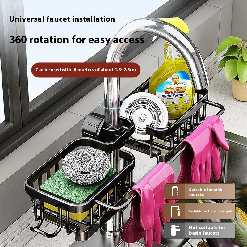 Rotatable Aluminium Sink Faucet Storage Rack - Kitchen Drain Basket Organiser