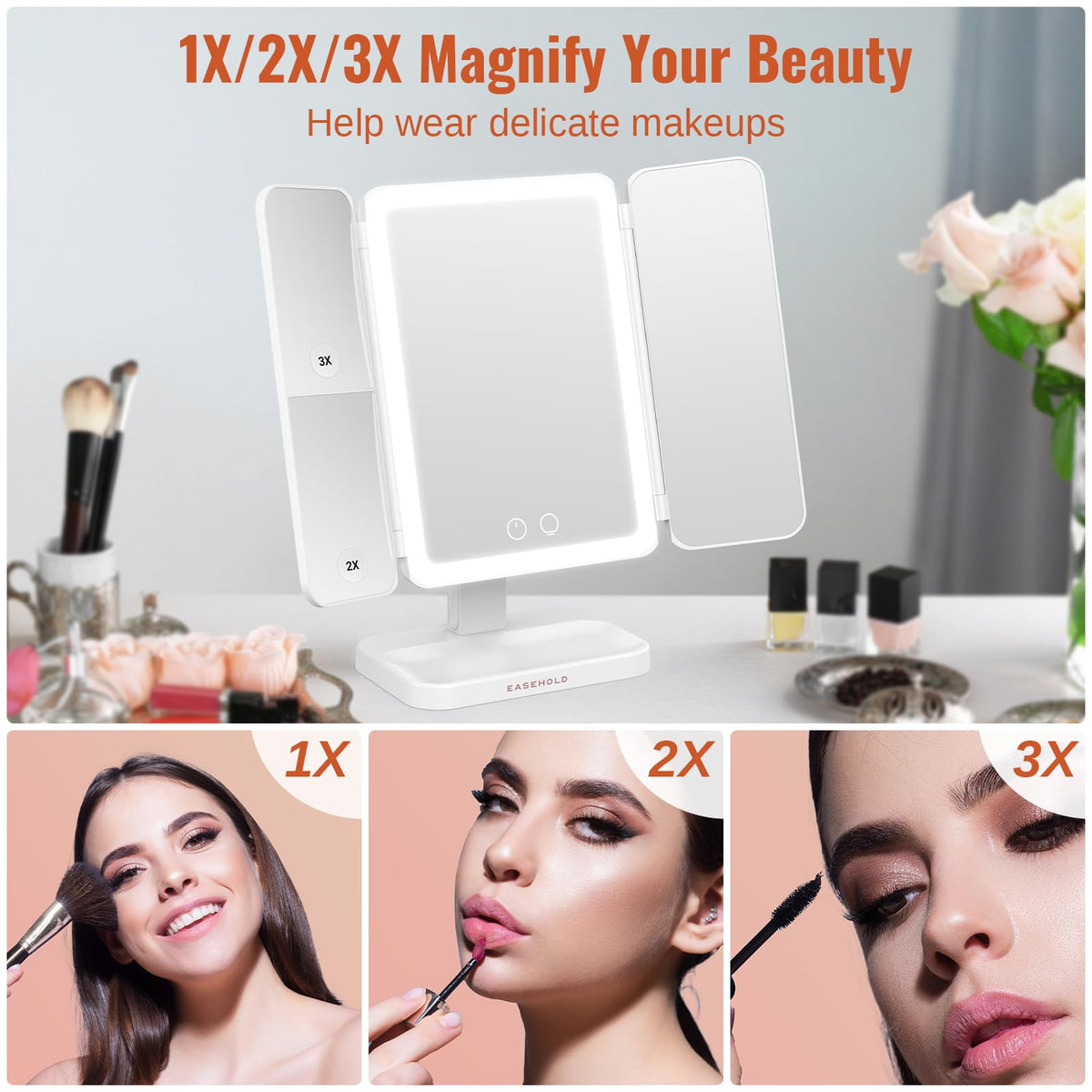 EASEHOLD Lighted Makeup Mirror with 3X Magnification, 3 Color Lights, Touch Sensor – Rechargeable Trifold Vanity