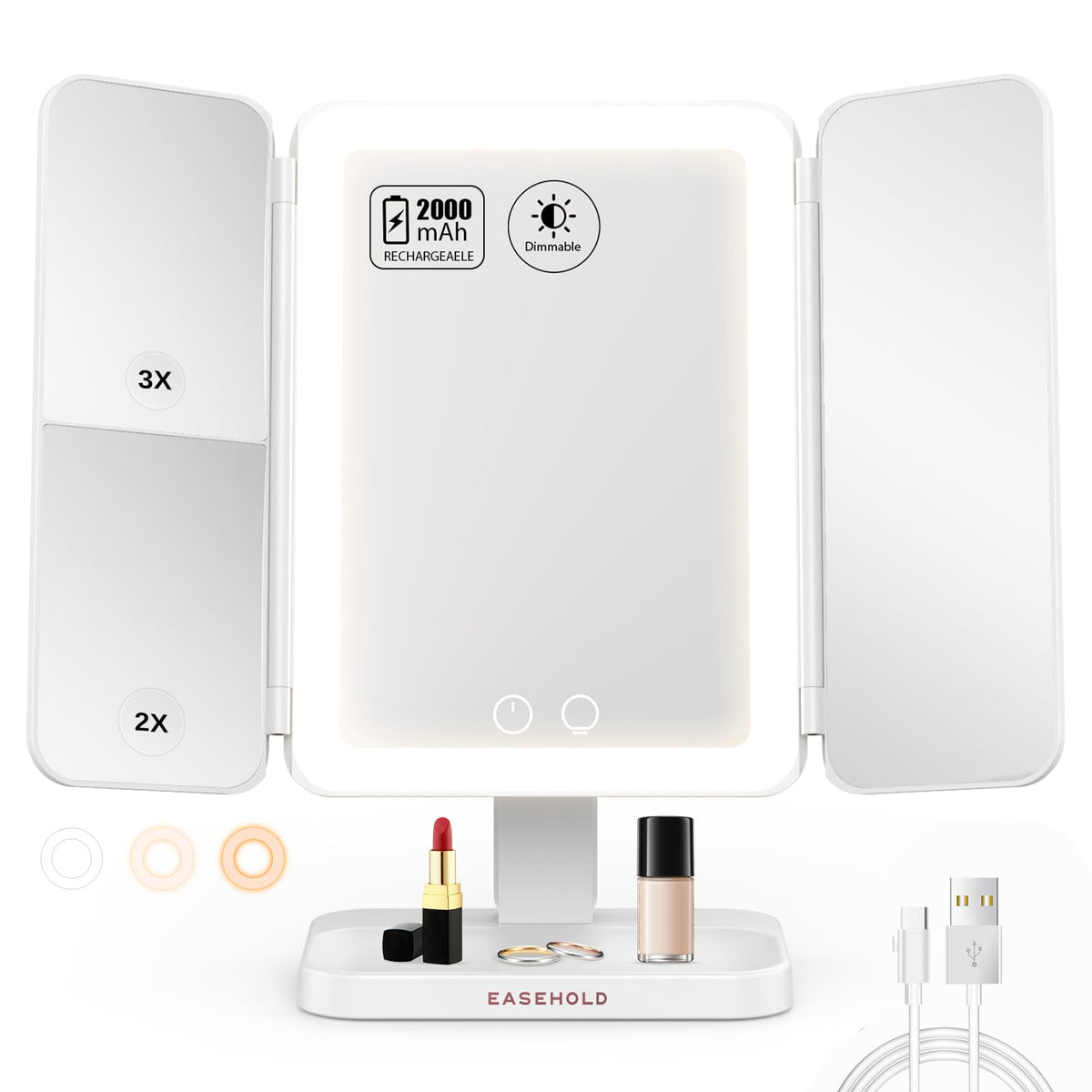 EASEHOLD Lighted Makeup Mirror with 3X Magnification, 3 Color Lights, Touch Sensor – Rechargeable Trifold Vanity