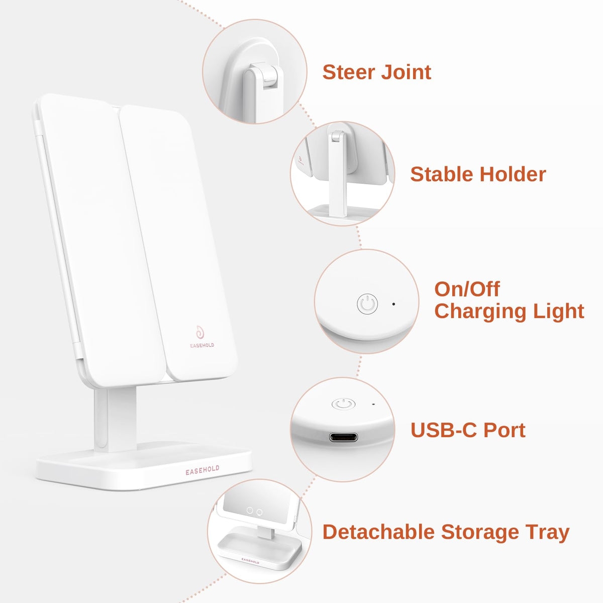 EASEHOLD Lighted Makeup Mirror with 3X Magnification, 3 Color Lights, Touch Sensor – Rechargeable Trifold Vanity
