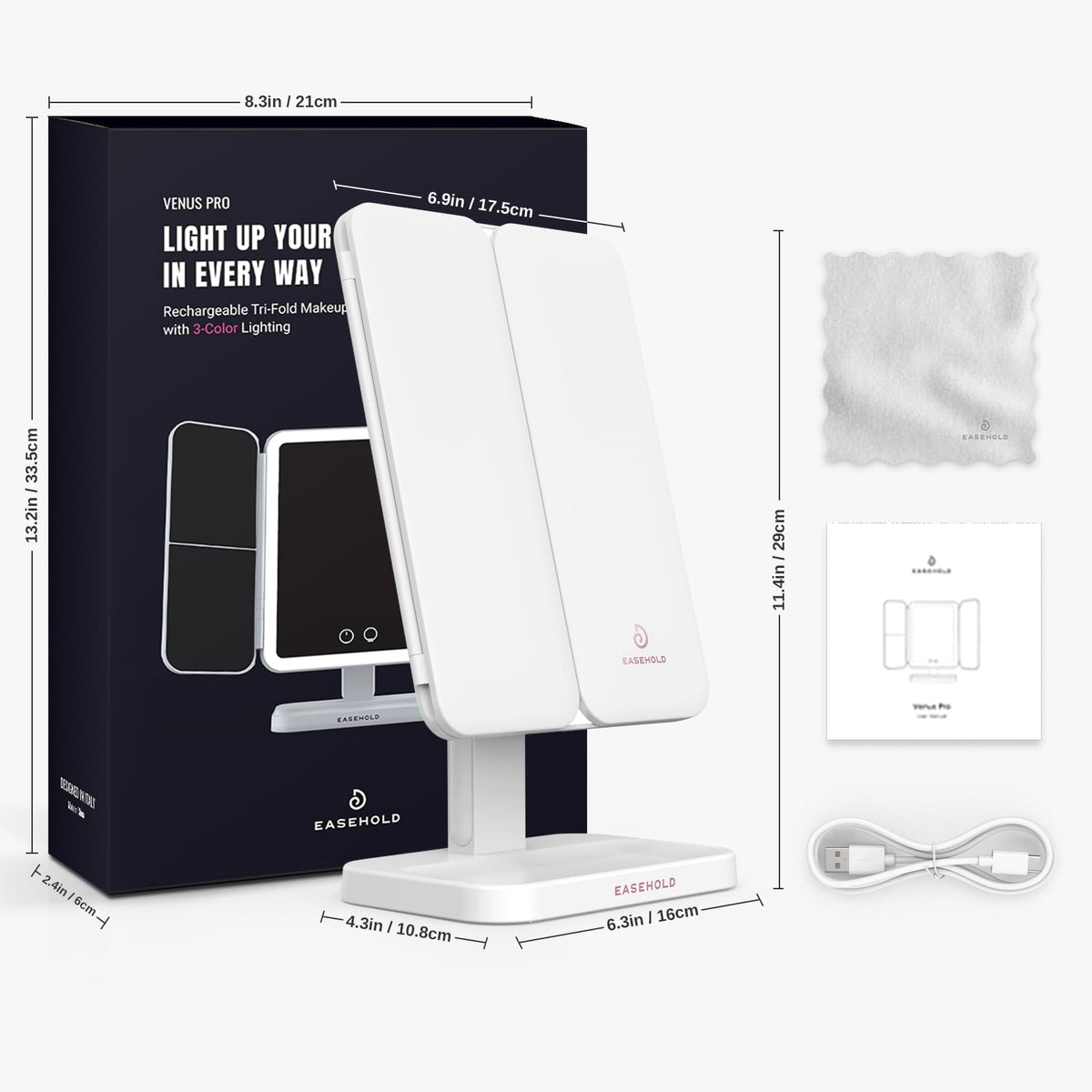 EASEHOLD Lighted Makeup Mirror with 3X Magnification, 3 Color Lights, Touch Sensor – Rechargeable Trifold Vanity