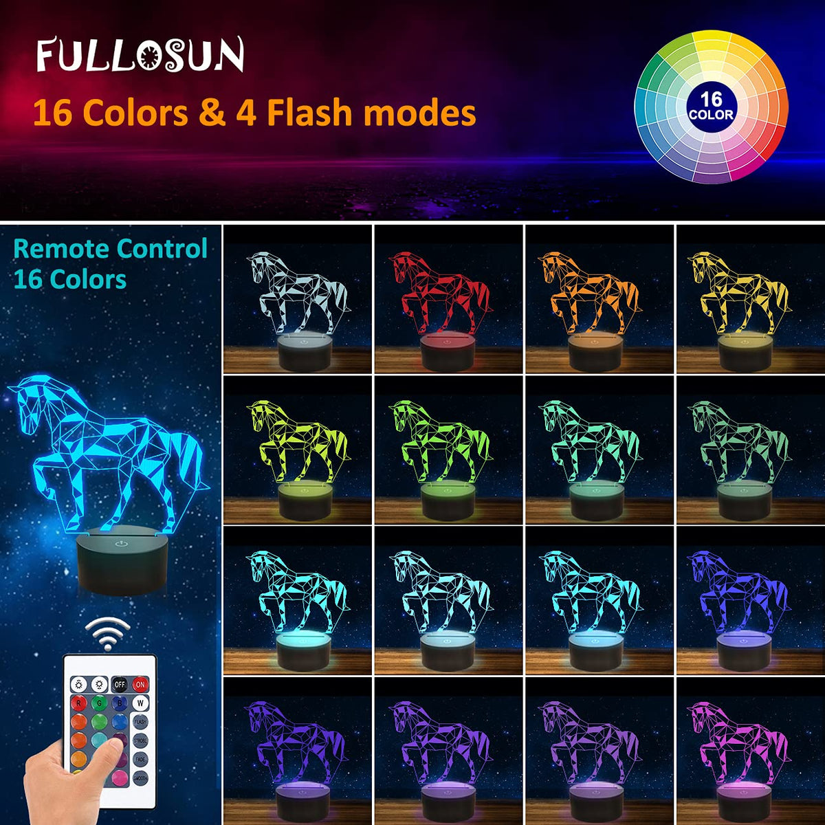 FULLOSUN Horse Illusion 3D Night Light – 16 Colors, Remote Control, Kid-Safe Bedside Lamp