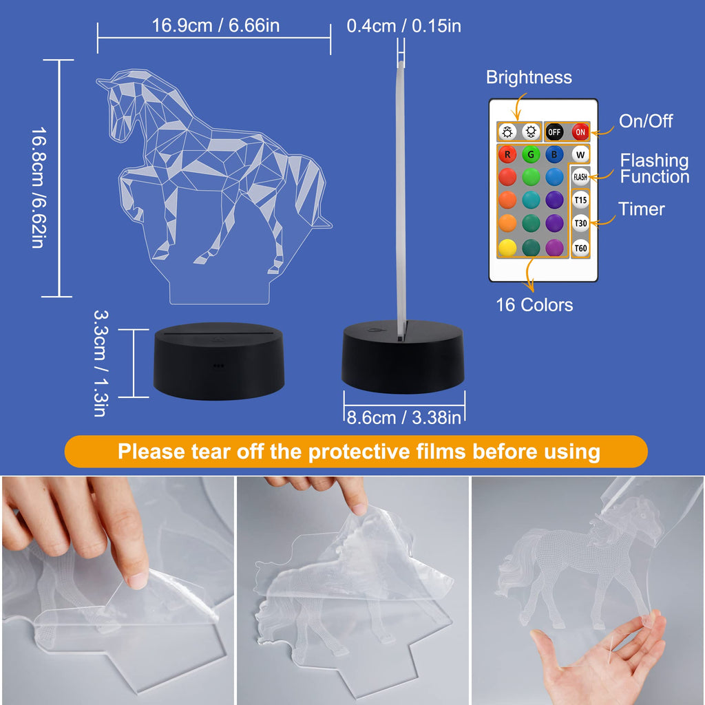 FULLOSUN Horse Illusion 3D Night Light – 16 Colors, Remote Control, Kid-Safe Bedside Lamp