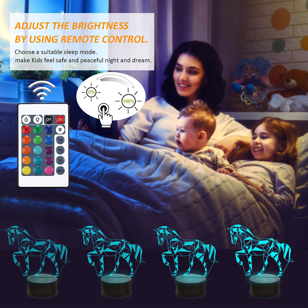 FULLOSUN Horse Illusion 3D Night Light – 16 Colors, Remote Control, Kid-Safe Bedside Lamp