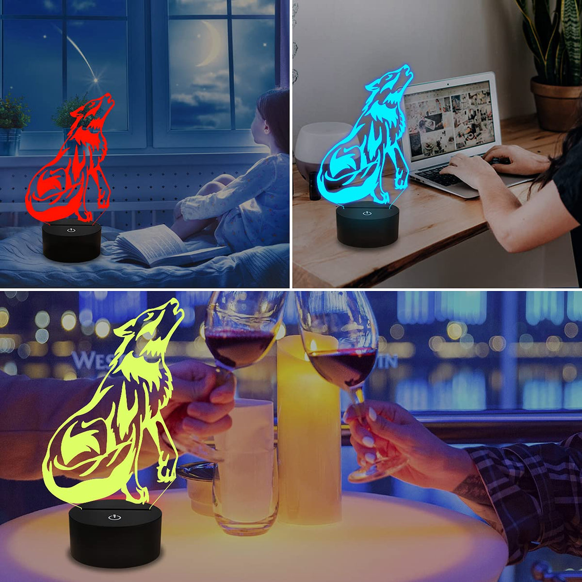 FULLOSUN Wolf 3D Night Light – Optical Illusion Lamp for Kids, Remote, 16 Colors