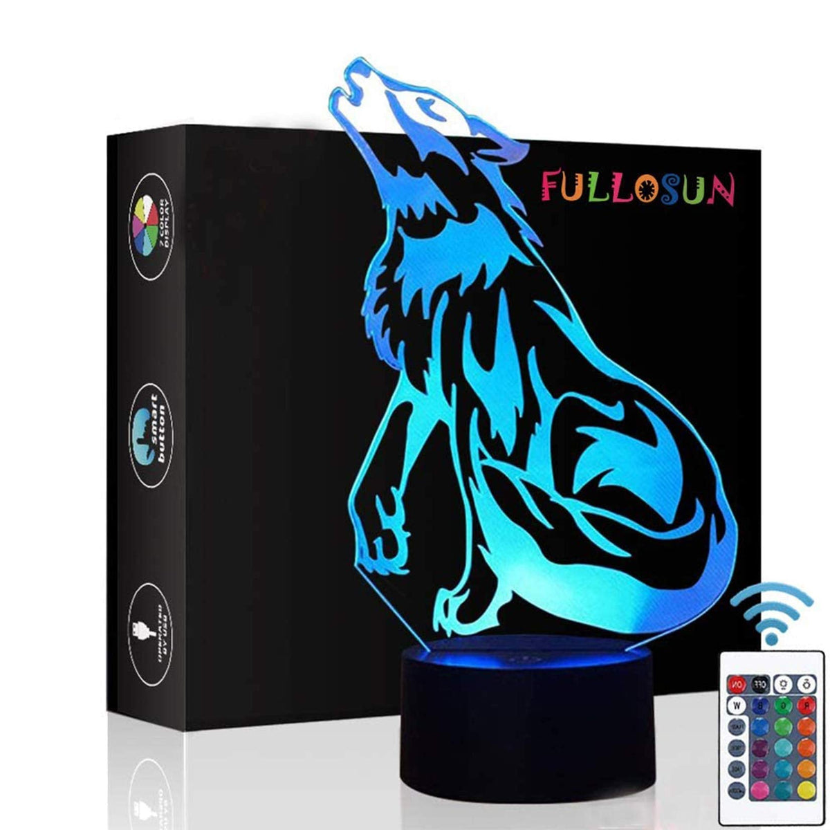 FULLOSUN Wolf 3D Night Light – Optical Illusion Lamp for Kids, Remote, 16 Colors