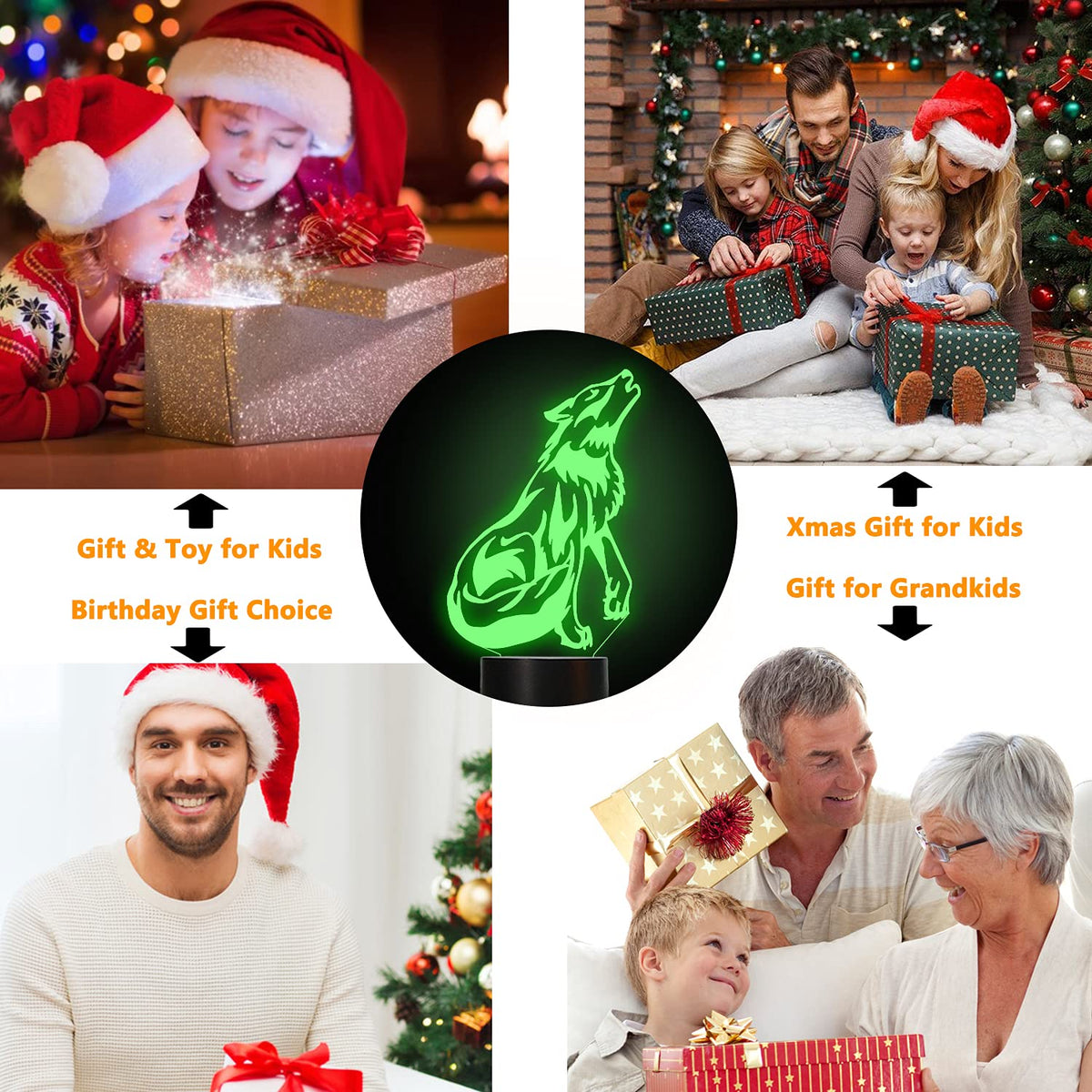 FULLOSUN Wolf 3D Night Light – Optical Illusion Lamp for Kids, Remote, 16 Colors