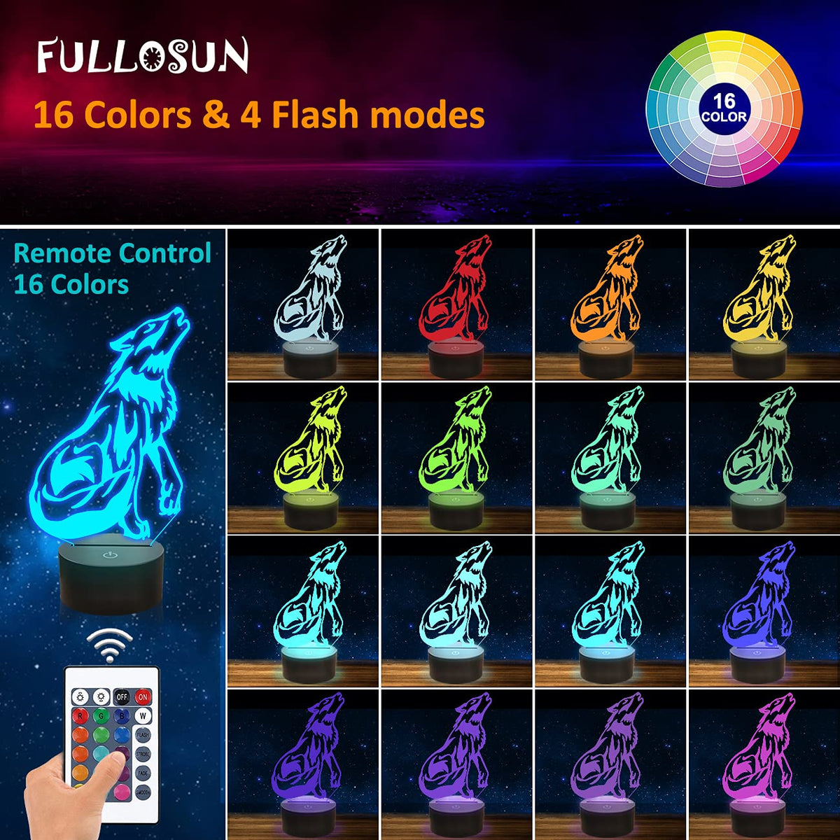 FULLOSUN Wolf 3D Night Light – Optical Illusion Lamp for Kids, Remote, 16 Colors