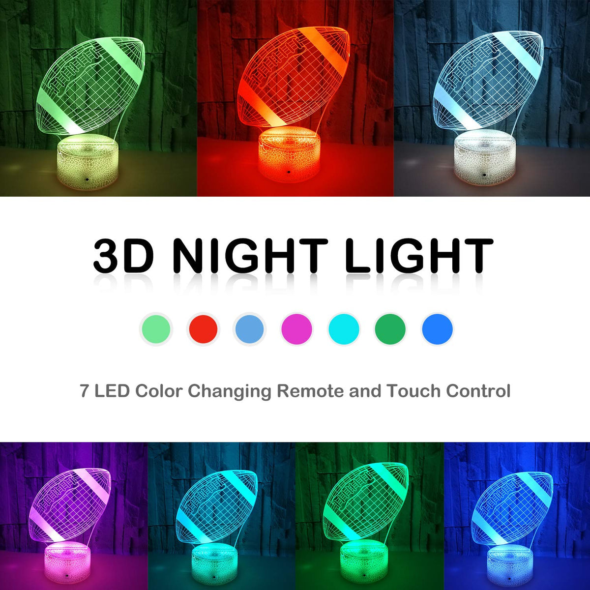 Good King Football Night Light for Kids — 3D Illusion Lamp, 7-Color LED Nightlight with USB Power, Touch & Remote