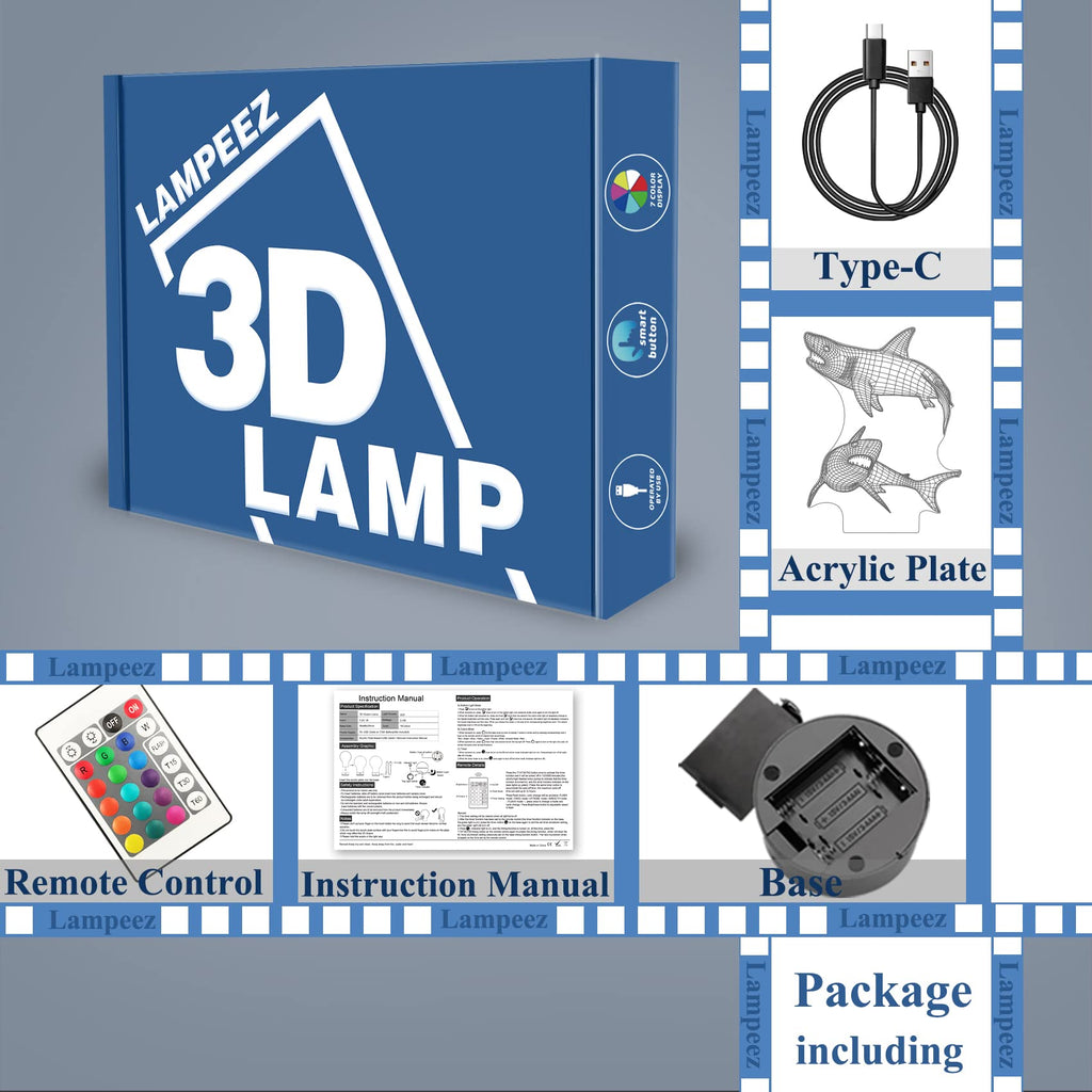 Lampeez Kids 3D Shark Night Light | Optical Illusion Lamp with 16 Colors & Remote
