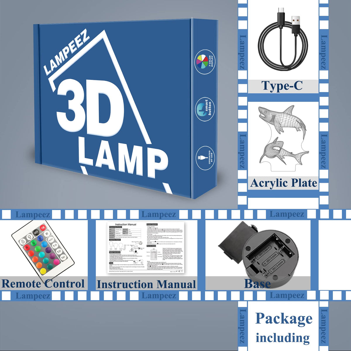 Lampeez Kids 3D Shark Night Light | Optical Illusion Lamp with 16 Colors & Remote