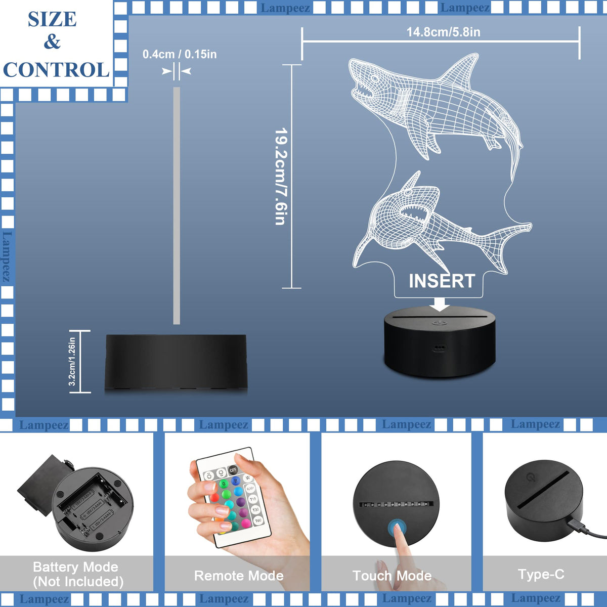 Lampeez Kids 3D Shark Night Light | Optical Illusion Lamp with 16 Colors & Remote