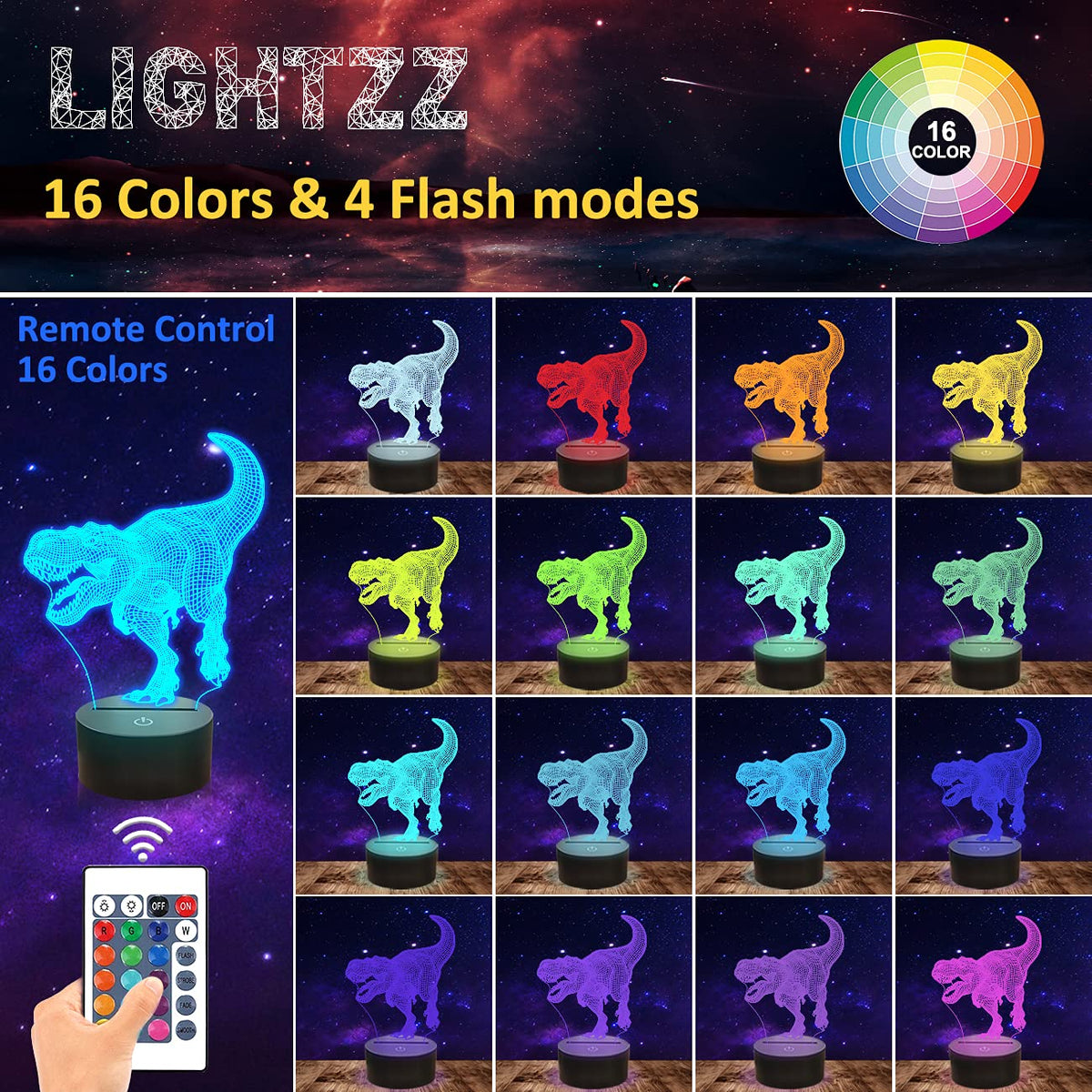 3D T-Rex LED Night Light – 16 Colours & Remote Control