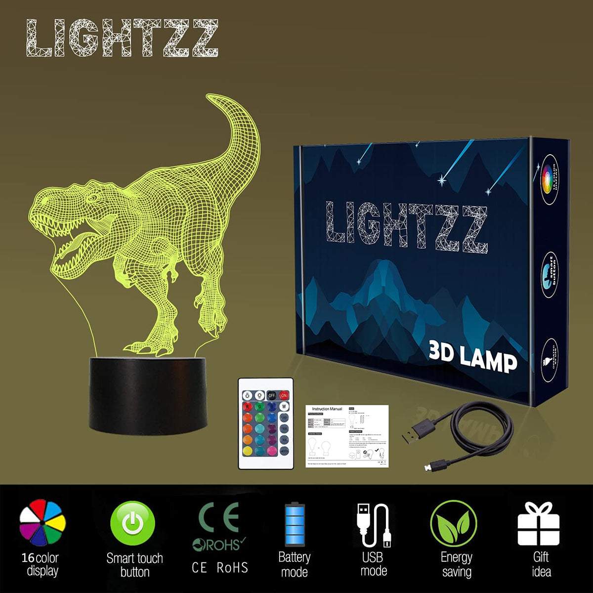 3D T-Rex LED Night Light – 16 Colours & Remote Control