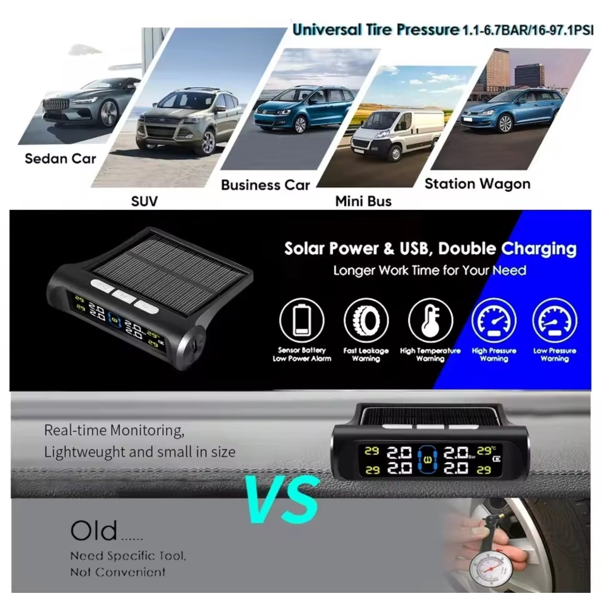 Solar Wireless Tyre Pressure Monitor – 4 Sensors & LCD Display
