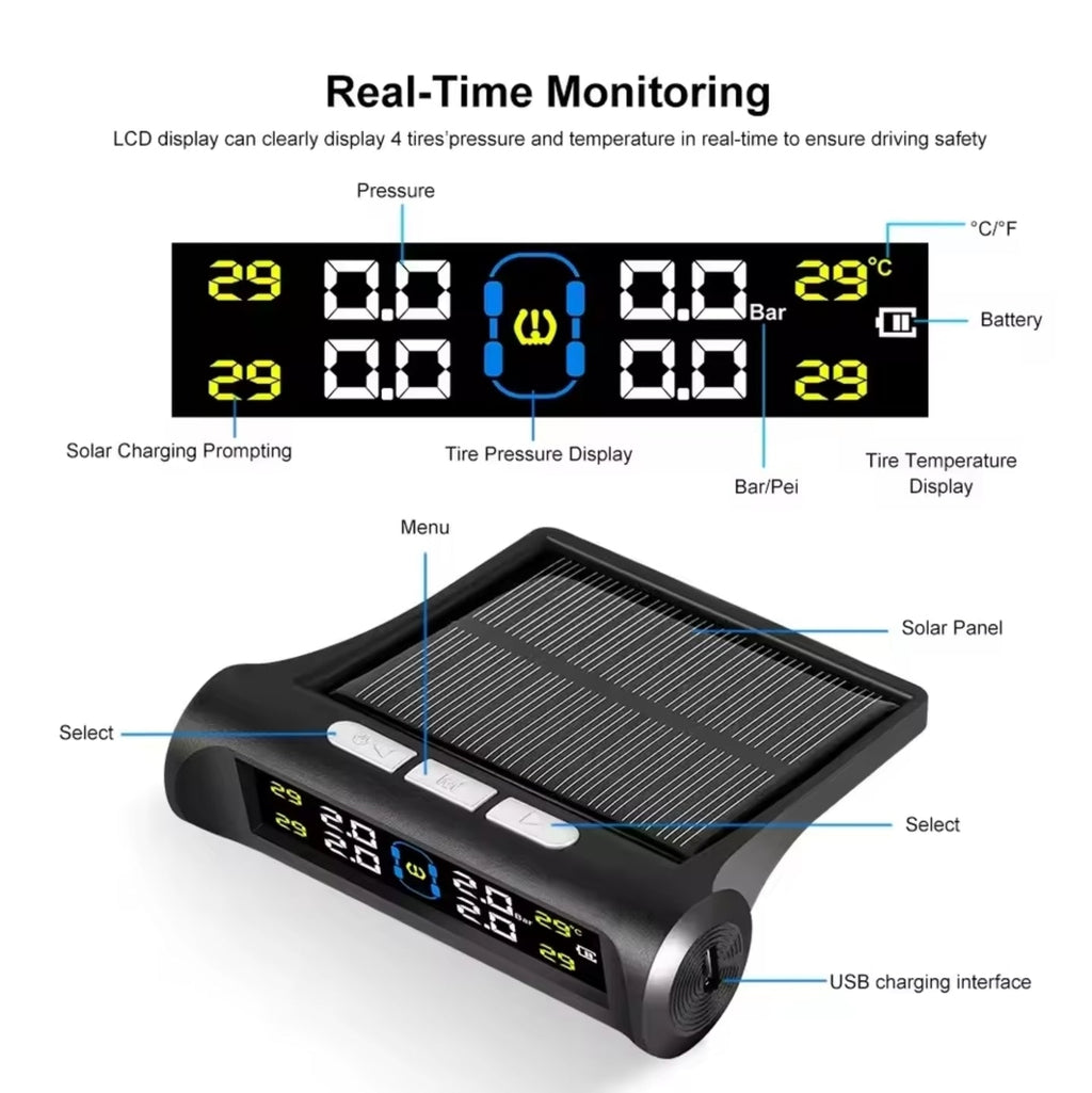 Solar Wireless Tyre Pressure Monitor – 4 Sensors & LCD Display