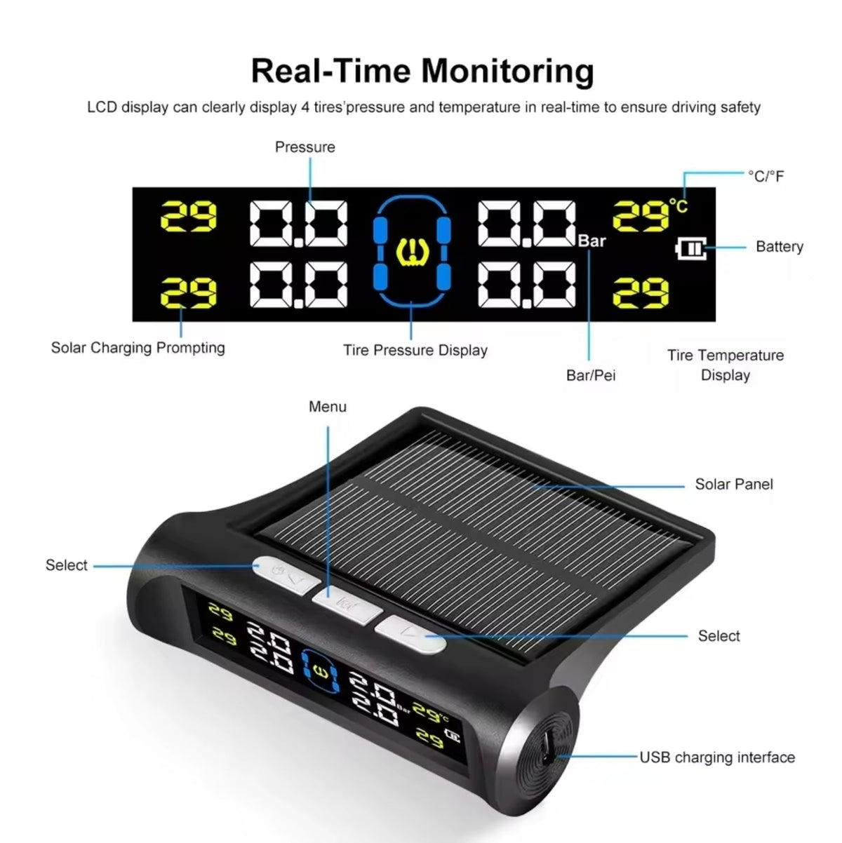 Solar Wireless Tyre Pressure Monitor – 4 Sensors & LCD Display